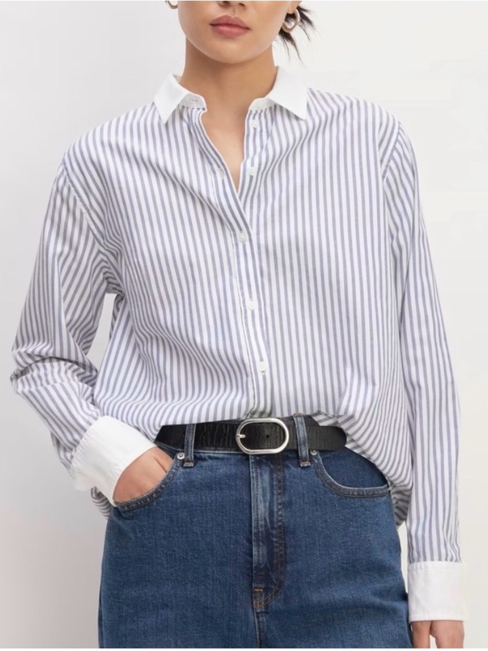 Everlane White and Blue Vertical Stripe Button-Down Shirt